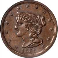 1851 Braided Hair Half Cent. C-1, the only known dies. Rarity-1. MS-63 BN (PCGS).