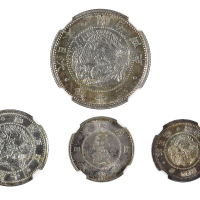 1873年（明治六年）日本二钱银币，NGC UNC Details；1871年（明治四年）日本五钱银币，NGC MS61；1871年（明治四年）日本二十钱银币，NGC AU58；1870年（明治三年）