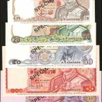 1991年泰国政府10, 20, 50, 100, and 500 铢。样票。ปี1991 ชุดแบงค์ตัวอย่าง ชุดการประชุมธนาคารโลก และ กองทุนระหว่