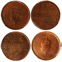 印度辅币1/4安娜3枚一组，包括1939，40及41年，分别评PCGS MS64RB,MS65RB及MS65RB