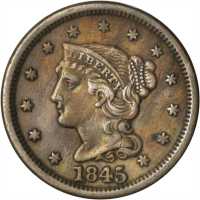 Lot of (5) 1845 Braided Hair Cents.