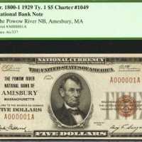 Amesbury, Massachusetts. $5 1929 Ty. 1. Fr. 1800-1. The Powow River NB. Charter #1049.2. PCGS Choice