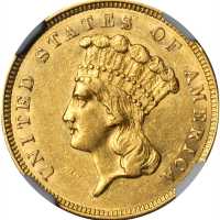 1859 Three-Dollar Gold Piece. AU-58 (NGC).