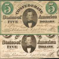 T-33 & T-34. Confederate Currency. 1861 $5. Very Fine. Lot of (2).