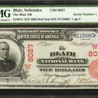 Blair, Nebraska. $10 1902 Red Seal. Fr. 614. The Blair NB. Charter #8027. PMG Choice Uncirculated 64