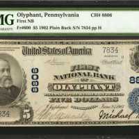 Olyphant, Pennsylvania. $5 1902 Plain Back. Fr. 600. First NB. Charter #8806. PMG Extremely Fine 40 