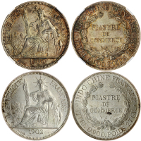 法属安南1元银币2枚一组，1900A及1902A，分别评PCGS AU58及NGC MS62