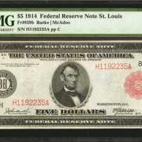 Fr. 839b. 1914 $5 Federal Reserve Note. St. Louis. Red Seal. PMG Extremely Fine 40.