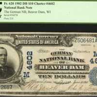 Beaver Dam, Wisconsin. $10 1902 Date Back. Fr. 620. The German NB. Charter #4602. PCGS Very Fine 25.