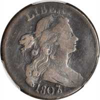 1807/6 Draped Bust Cent. S-273. Rarity-1. Large 7, Pointed 1. VG-8 (PCGS).