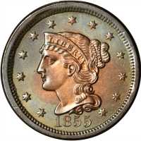 1855 Braided Hair Cent. N-4. Rarity-1. Upright 5s. MS-60 Cleaned, Recolored.