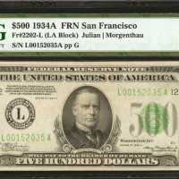 Fr. 2202-L. 1934A $500 Federal Reserve Note. San Francisco. PMG About Uncirculated 50.