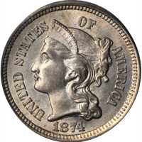 1874 Nickel Three-Cent Piece. MS-64 (PCGS). CAC.