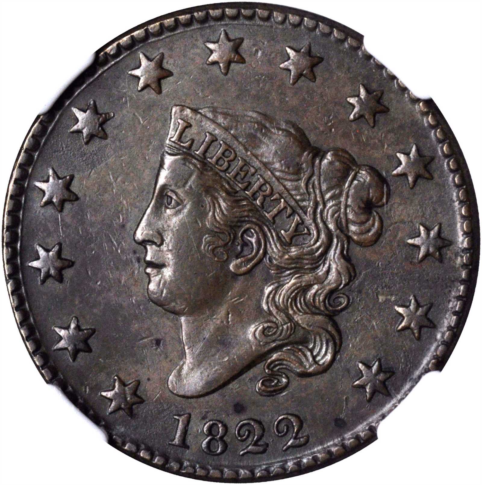 1822 Matron Head Cent. N-4. Rarity-2. AU-53 (NGC).