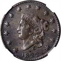 1822 Matron Head Cent. N-4. Rarity-2. AU-53 (NGC).