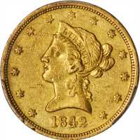 1842 Liberty Head Eagle. Large Date, Crosslet 4. AU-50 (PCGS).