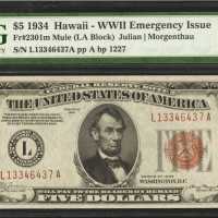 Fr. 2301m. 1934 $5 Hawaii Emergency Note. PMG Gem Uncirculated 66 EPQ.