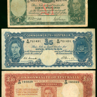 1940-1950年代澳大利亚银行银行钞票3枚一组，面额1镑丶5镑及10镑，有黄，AVF或更佳品相
