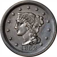1852 Braided Hair Cent. N-20. Rarity-3. MS-60 Environmental Damage.