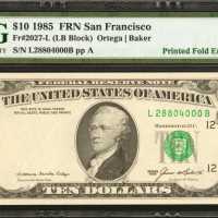 Fr. 2027-L. 1985 $10 Federal Reserve Note. San Francisco. PMG Gem Uncirculated 65 EPQ. Printed Fold 