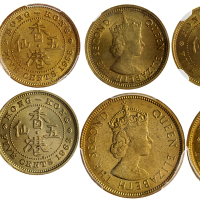 香港铜制硬币4枚一组，包括1958-H, 1963, 1965年5仙及1967年1毫，分别评PCGS MS63, MS64, NGC MS64及PCGS MS65