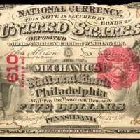 Philadelphia, Pennsylvania. $5 1875. Fr. 401. The Mechanics NB. Charter #610. Very Fine.