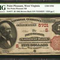 Point Pleasant, West Virginia. $5 1882 Brown Back. Fr. 477. The Point Pleasant NB. Charter #5701. PM