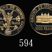 蒙地卡罗赌场镀金代用币1000法郎。未使用Casino de Monte Carlo Gold Plated Token 1000 Francs. Choice UNC