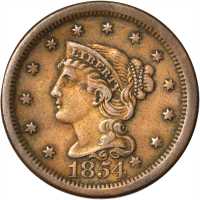 Lot of (5) 1854 Braided Hair Cents.