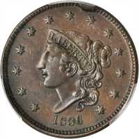 1836 Modified Matron Head Cent. N-6. Rarity-2. AU-50 (PCGS).
