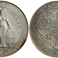 1929/1-B英国贸易银元，PCGS MS64+, 少见的骑版，有光泽。罕有的好品相