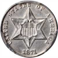 1871 Silver Three-Cent Piece. AU Details--Harshly Cleaned (PCGS).