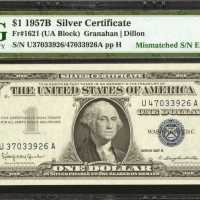 Fr. 1621. 1957B $1 Silver Certificate. PMG Gem Uncirculated 66 EPQ. Mismatched Serial Number.