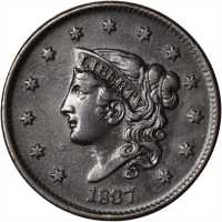 1837 Modified Matron Head Cent. N-3. Rarity-1. Plain Cord, Medium Letters. EF-40 Environmental Damag