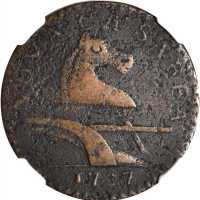 1787 New Jersey Copper. Maris 64-t, W-5380. Rarity-1. No Sprig Above Plow, Trident Shield. Fine Deta