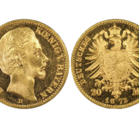 1873D年德国巴伐利亚路德维希20马克金币，PCGS MS65