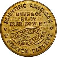 New York, New York. 1868 Munn & Co. / Scientific American. Bowers NY-6882. Gilt brass. 34 mm. Choice