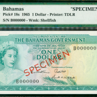 1965年巴哈马政府1元样钞，PMG67EPQ