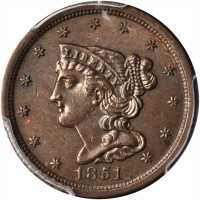 1851 Braided Hair Half Cent. C-1, the only known dies. Rarity-1. AU-58 (PCGS).