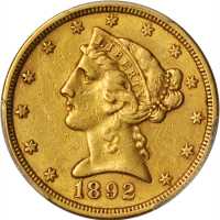 美国1892-S年5美元金币。