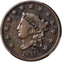 1831 Matron Head Cent. N-8. Rarity-3. Large Letters. Fine-15 (PCGS).