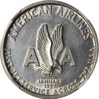 1959 American Airlines Jet Dollar. Silver. 38 mm. HK-541. Rarity-5. Unnumbered, STERLING SILVER on E