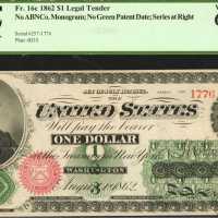 Fr. 16c. 1862 $1 Legal Tender Note. No. 1776. Plate D. No ABNCo Monogram. No Green Patent. Series at