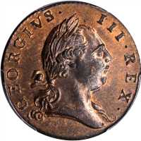 1773 Virginia Halfpenny. Newman 25-M, W-1580. Rarity-2. 7 Harp Strings, Period After GEORGIVS. MS-64