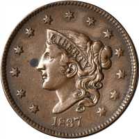 1837 Modified Matron Head Cent. N-16. Rarity-3. Plain Cord, Medium Letters. EF-40 Obverse Spot.