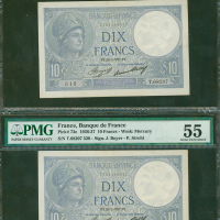 1936-37年法国银行10法郎2枚一组，编号T.68207 515及T.68207 520，分别评PMG58及55，有一枚是高评分的少见签名