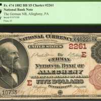Allegheny, Pennsylvania. $5 1882 Brown Back. Fr. 474. The German NB. Charter #2261. PCGS Fine 12.