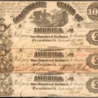 T-13. Confederate Currency. 1861 $100. Lot of (3). Very Fine to About Uncirculated.