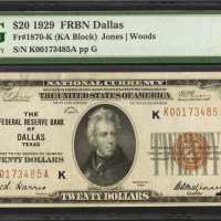 Fr. 1870-K. 1929 $20 Federal Reserve Bank Note. Dallas. PMG Choice Uncirculated 63 EPQ.