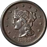 1848 Braided Hair Cent. N-29. Rarity-3. AU-50.